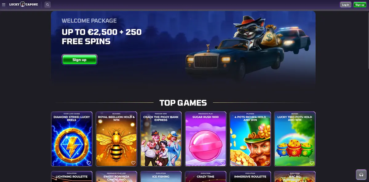 Domovská stránka Luckycapone Casino s uvítacím bonusem a nabídkou top her