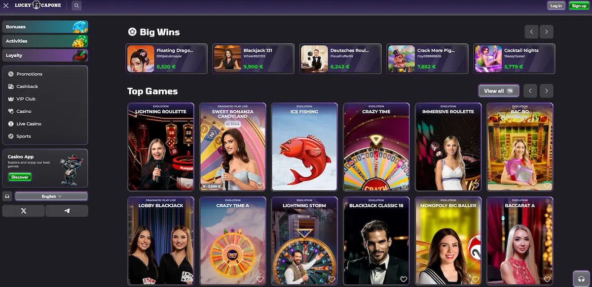 Live kasino Luckycapone Casino s živými dealery a stoly Evolution Gaming