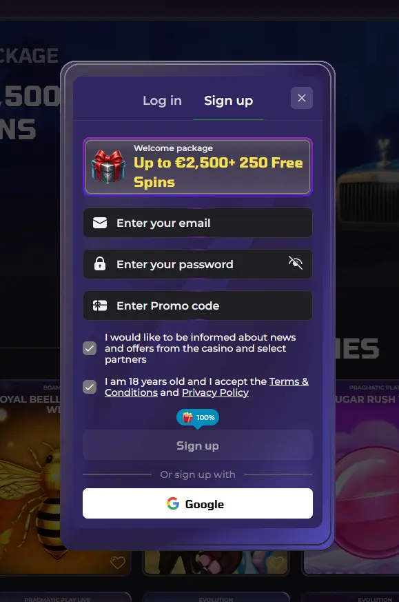 Registrační formulář Luckycapone Casino s uvítacím balíčkem a promo kódem