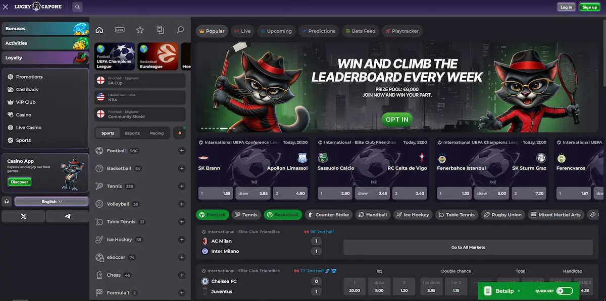 Sportovní sázky Luckycapone Casino na fotbal, basketbal a esporty